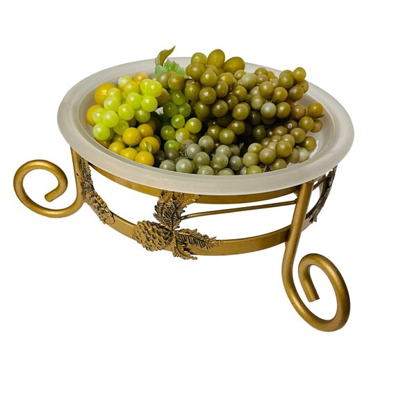 Vintage Brass Glass Fruit Bowl with Decorative Grapes Pinecone Design Elegant Ho - Picture 8 of 9